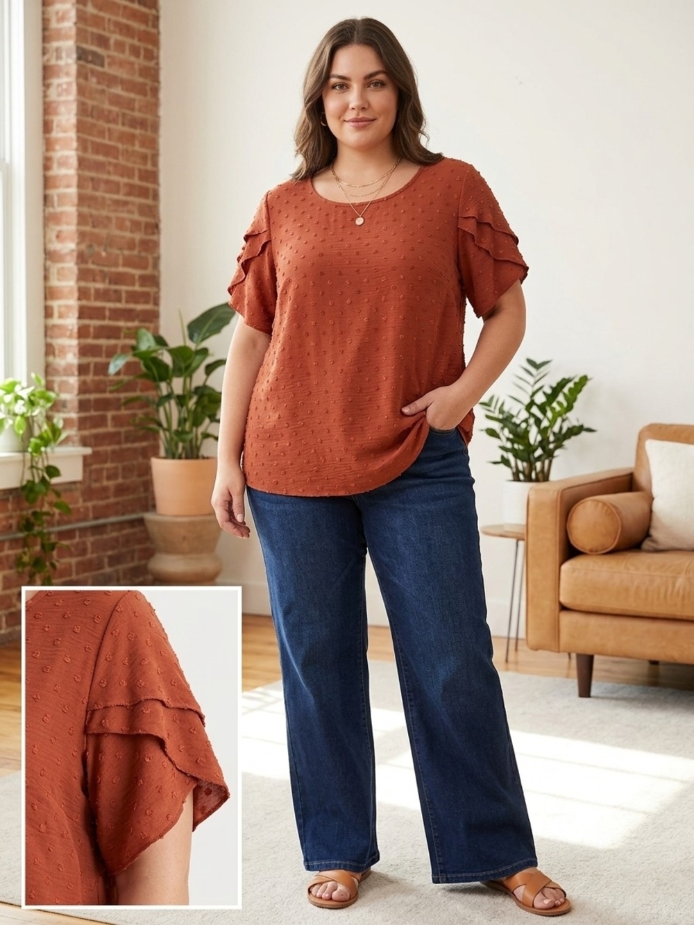 BloomChic Rust Swiss Dot Tiered Flutter Sleeve Blouse Plus Size 22/24